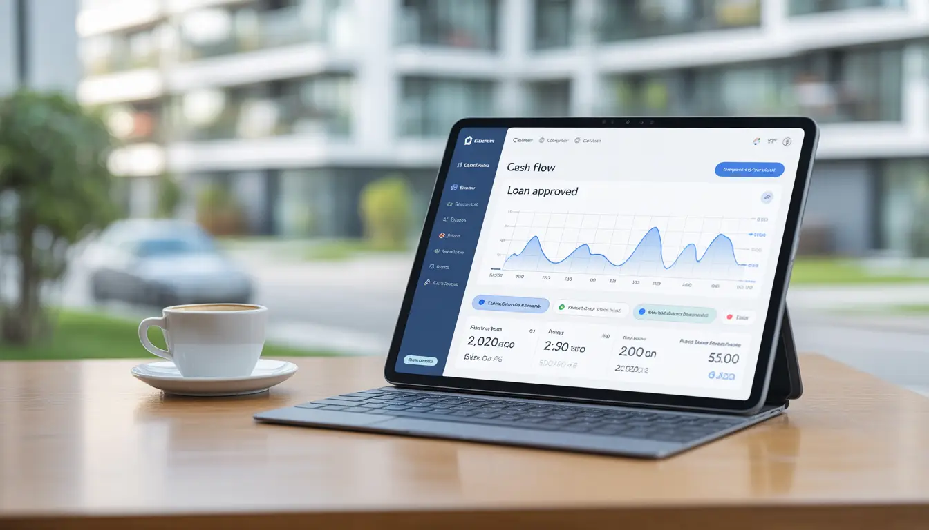 A successful real estate investor securely reviewing property documents in front of a highly profitable rental property financed by Doos Mortgage