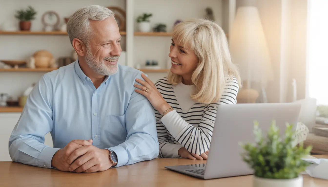 A joyful retired couple relaxing on their front porch, reflecting on their secure financial future after obtaining a reverse mortgage with Doos Mortgage.