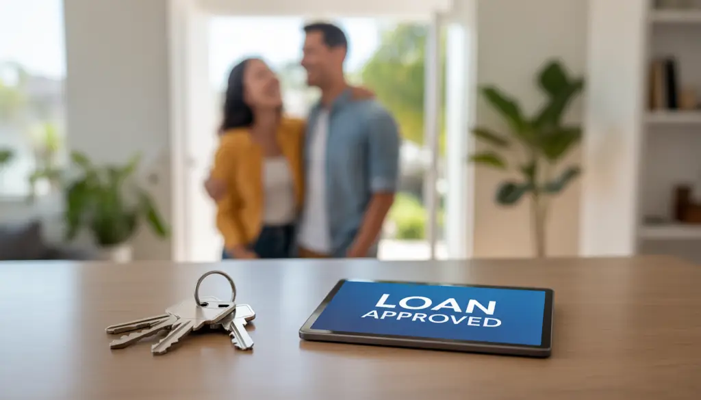 Conventional Loans Modern home keys on a table with a happy couple in a sunlit living room, representing a successful conventional loan approval.