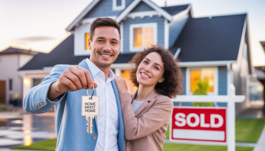 FHA loans Happy first-time homebuyers standing in front of their new house, a perfect example of using an FHA loan to achieve homeownership.