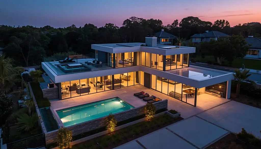Jumbo Loans A high-angle, wide-shot of a contemporary luxury home at dusk.