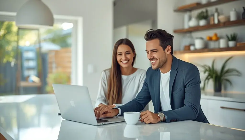 HELOC Homeowners using a laptop in a modern kitchen to apply for a HELOC loan