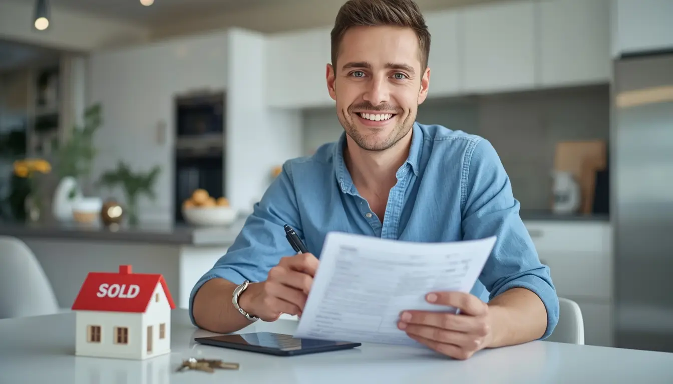 A happy self-employed business owner standing outside their new home purchased with a Bank statement loan from Doos Mortgage