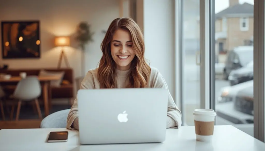 Freelancer working home office," "independent contractor laptop," "modern home interior bright