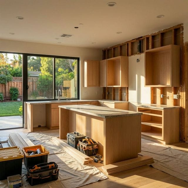 A homeowner happily reviewing a home renovation blueprint on a laptop at a beautiful kitchen island, smiling after confidently securing a flexible HELOC from Doos Mortgage.