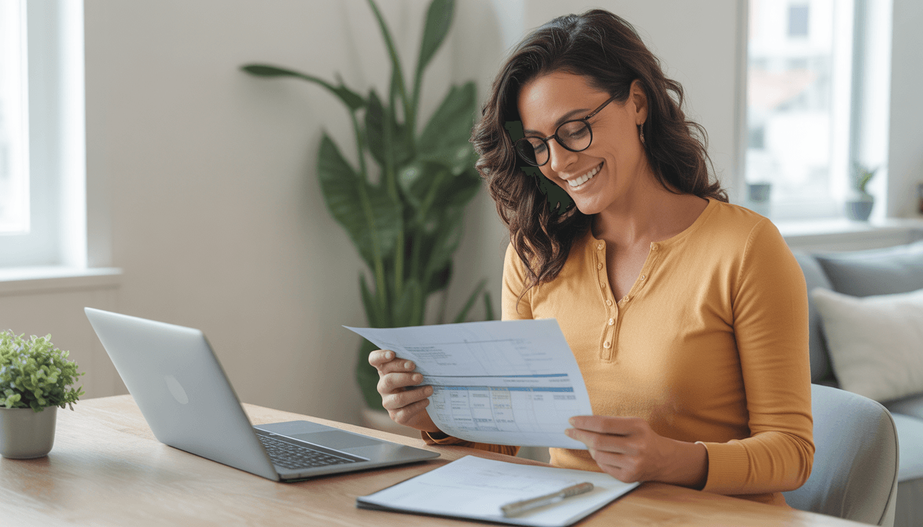 A happy homeowner peacefully reviewing their lowered monthly mortgage statement after securing an FHA Streamline Refinance with Doos Mortgage.