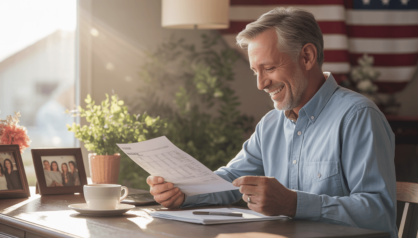 A happy veteran reviewing their lower monthly mortgage statement after effortlessly securing a VA IRRRL with Doos Mortgage.