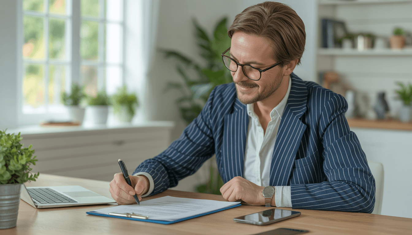 A relieved homeowner securely signing documents to confidently lower their monthly payment with a Rate-and-Term Refinance from Doos Mortgage.