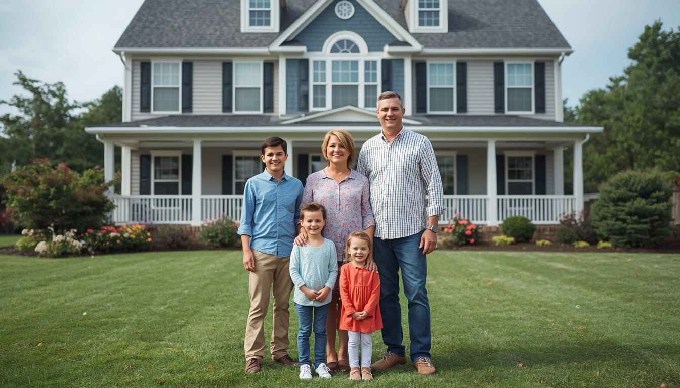 Diverse family standing in front of new American home financed through a Foreign National Loan by Doos Mortgage