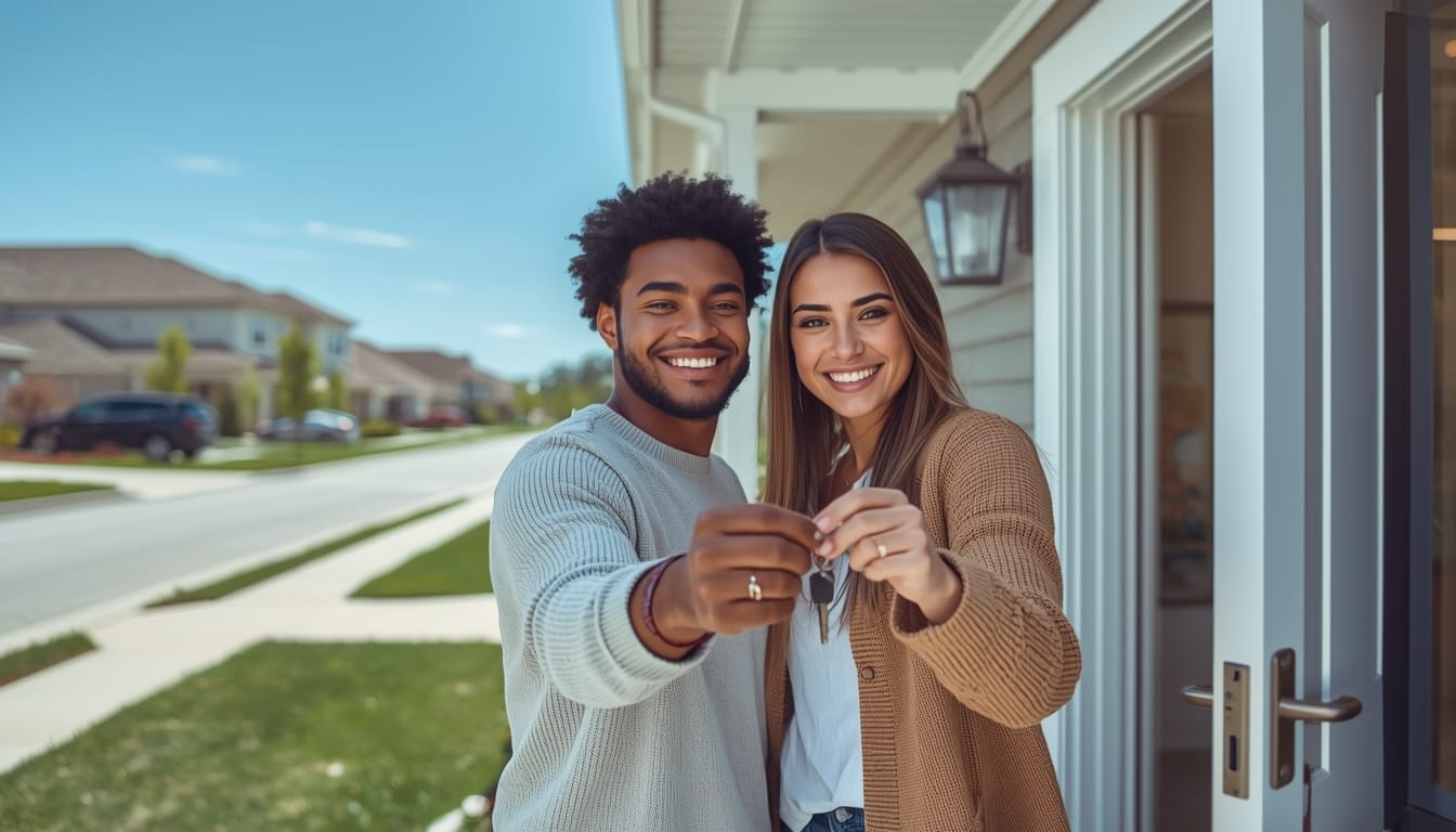 A happy family holding the keys to their new home, financed with an affordable HomeReady or Home Possible mortgage program through Doos Mortgage.