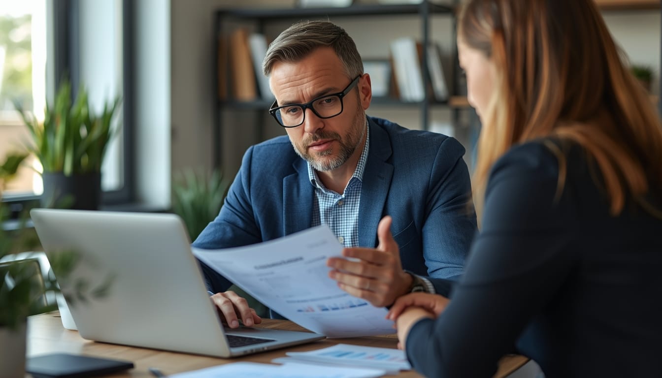 A confident real estate investor reviewing property cash flow reports on a laptop while discussing a DSCR refinance with a Doos Mortgage professional.