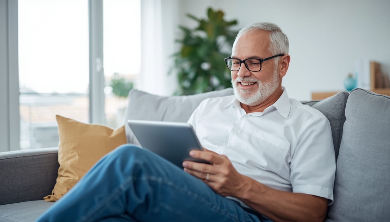 A relaxed retiree reviewing financial portfolios on a tablet in a bright, modern living room, smiling after securing an asset-qualifier refinance from Doos Mortgage.