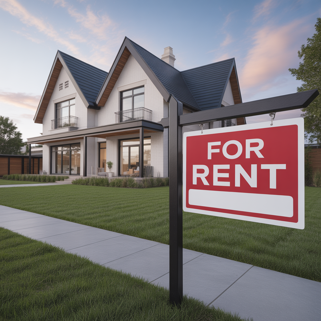 A beautiful modern investment property featuring a prominent 'For Rent' sign, representing the immense wealth-building power of a DSCR loan from Doos Mortgage.